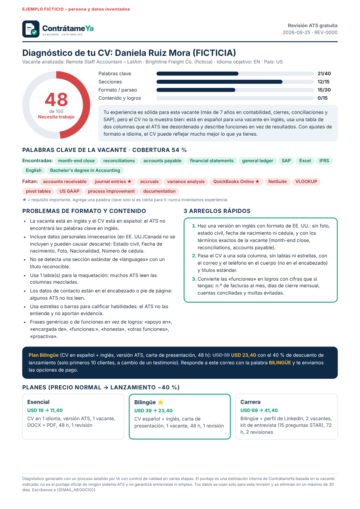 Ejemplo de informe de revisión ATS con puntaje 48 de 100, palabras clave faltantes y 3 arreglos rápidos
